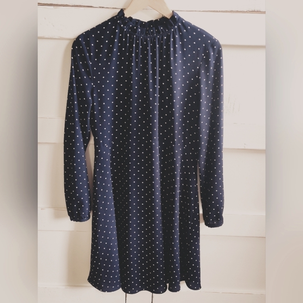 H&M Crepe A line Mini Dress | Navy White Polka Dot| Long Sleeve| Size 10